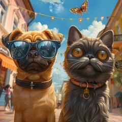 Wall Mural - Funny background with dog and cat in sunglasses.