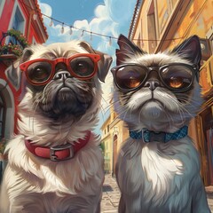 Wall Mural - Portrait of cat and dog with sunglasses.