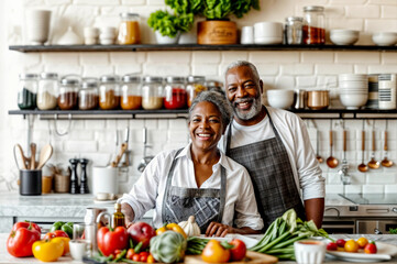 Couple cooking in kitchen. Black senior happy man and woman at home cooking healthy food. Old african american people with vegan dinner. Mature family lifestyle. Senior black couple cook together meal
