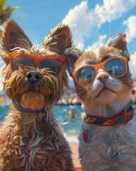 Wall Mural - Cutie happy cat and dog with sunglasses.