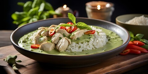 Canvas Print - Selective focus on green curry chicken with rice on gray plate. Concept Food Photography, Selective Focus, Green Curry Chicken, Gray Plate, Delicious Meal