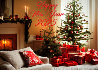 Wall Mural - Christmas living room with big window, two Christmas trees, fireplace, lot of wrapped gifts, Happy New Year 2025 sign.