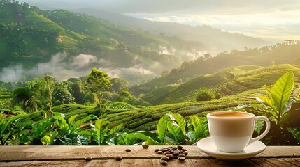 Tea leaves and a cup on a wooden table with a tea plantation backdrop generative ai image