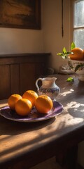 Wall Mural - Cozy rustic kitchen interior with warm lighting, old wooden table and fresh farming produce on counter. Orange fruits on desk. Generative AI