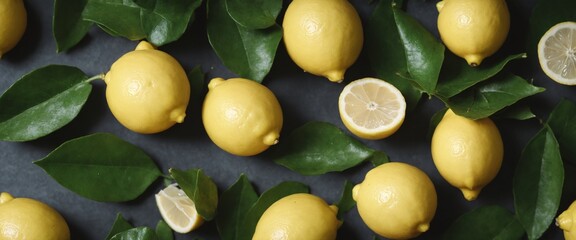 Wall Mural - Fresh lemons with green leaves on dark. Food background. Top view