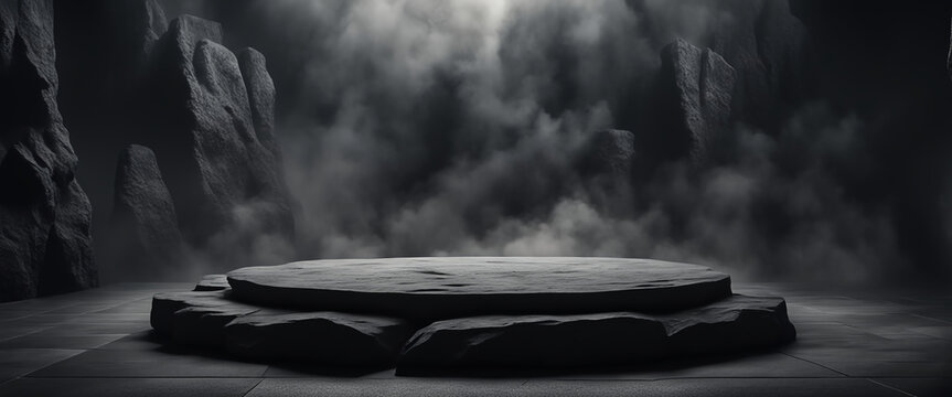 Podium black dark smoke background product platform abstract stage texture fog spotlight. Dark black floor podium dramatic empty night room table concrete wall scene place display studio smoky dust	