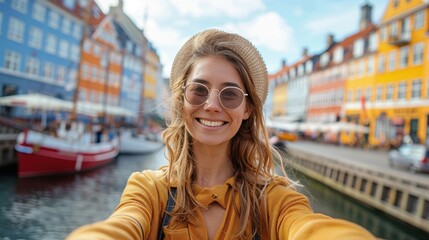 A delightful picture of a woman in a hat, capturing her cheerful moments with a selfie by the canal with colorful buildings and boats in the background.