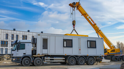 Trucks with cranes transporting container offices to the construction site, helping to quickly commission and manage construction projects.