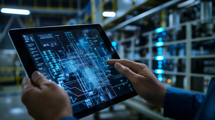 Wall Mural - Detailed close-up of engineers using digital tablets to review energy distribution maps and efficiency data, strategizing smart grid improvements