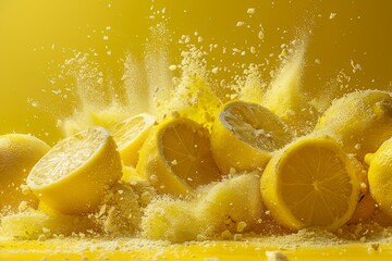 Vibrant Yellow Lemon Slices with Colorful Powder Explosion Generative AI