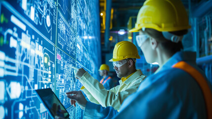 Close-up of engineers examining energy distribution maps and efficiency analytics on digital tablets at a nuclear plant, planning smart grid strategies