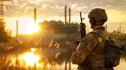 A soldier in military uniform with a weapon stands protectively against the backdrop of a modern nuclear power plant, bathed in sunlight, showcasing strategic significance