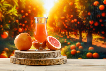 Poster - Citrus juice and fruits cut in halves on the table top with sunny blurred citrus fruit plantation and exotic garden background. Hot summer time.