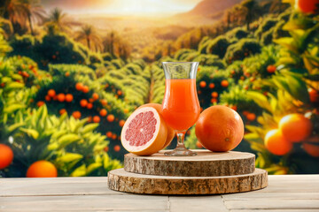 Poster - Citrus juice and fruits cut in halves on the table top with sunny blurred citrus fruit plantation and exotic garden background. Hot summer time.