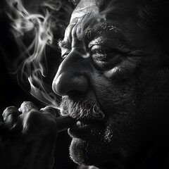 Black and White Moody portrait of a Mans Face Smoking a Cigar