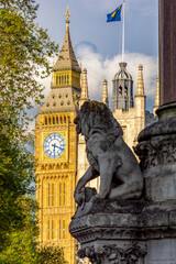 Wall Mural - Lion statue and Big Ben tower, London, UK