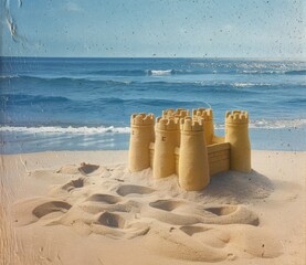 Wall Mural - Idyllic Beachfront Scene with Sandcastle and Ocean Horizon
