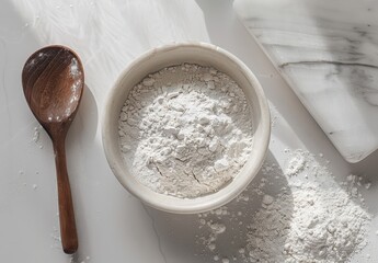 Wall Mural - Organic Flour in a Bowl with Spoon on Table, Aesthetic Food Photography