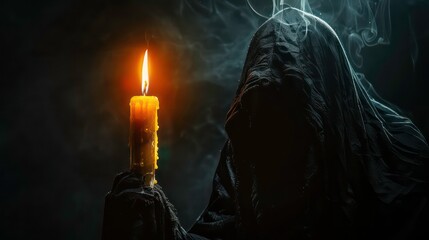 Wall Mural - Scary grim reaper standing behind a melting and burning candle doing dark ceremony on haunting black background with copy space, Halloween event scene and poster backdrops.