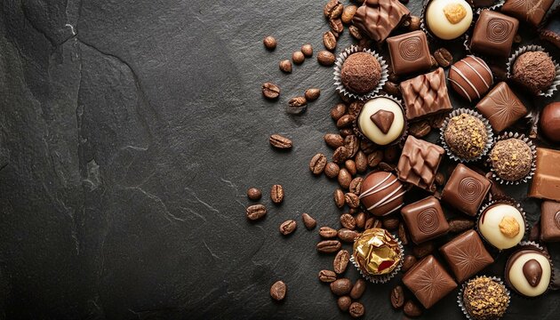 Chocolate Confections- array of luxurious chocolate confections on black stone