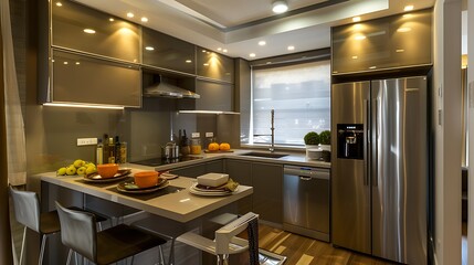 compact urban kitchen with high-gloss cabinets, stainless steel appliances, and a small but function