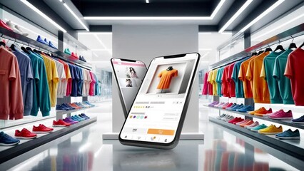 Wall Mural - Online marketplace application and website animation. E-commerce and shopping for clothes products. Marketing, commerce and t-shirt sales home page.