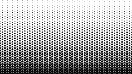Monochrome comic dotted gradient background in retro style, banner with points, dots, rounds, circles, hearts. Abstract halftone texture. Black and white banner. Vector EPS10