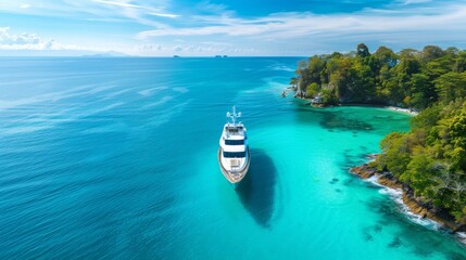Wall Mural - Aerial drone ultra wide panoramic photo with copy space of luxury yacht anchored in tropical exotic island with crystal clear turquoise sea and pine trees