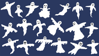 Big set of Halloween ghosts, holiday collection of spirits, scary, funny ghosts in flat cartoon style isolated on blue background.