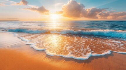 Wall Mural - Tropical beach at sunset - A serene beach with golden sand and calm waves, with the sun setting on the horizon, casting a warm glow