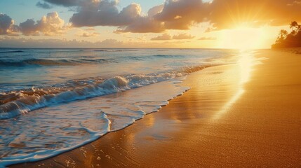 Wall Mural - Tropical beach at sunset - A serene beach with golden sand and calm waves, with the sun setting on the horizon, casting a warm glow