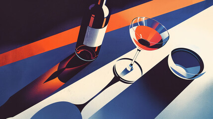 Wall Mural - Illustration of a wine bottle and a wine glass in a retro style