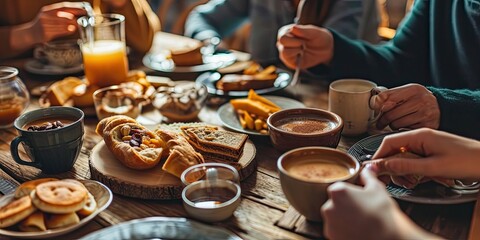 Canvas Print - Closeup of people enjoying various snacks near a table during a coffee break