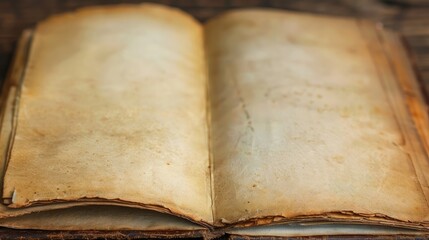 Poster - Vintage notebook with aged pages - A close-up of a vintage notebook open to a blank page, showing the texture and yellowed edges of the aged paper