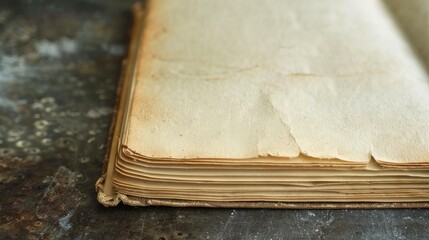 Poster - Vintage notebook with aged pages - A close-up of a vintage notebook open to a blank page, showing the texture and yellowed edges of the aged paper