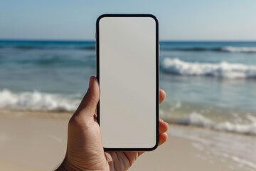 mockup. man hand holding smartphone at sea ocean beach. mobile phone with blank white screen with co