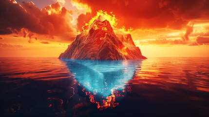 Wall Mural - abstract iceberg on fire, snow and ice are burning, fantasy snow mountains with flame. fantastic nature and landscape.