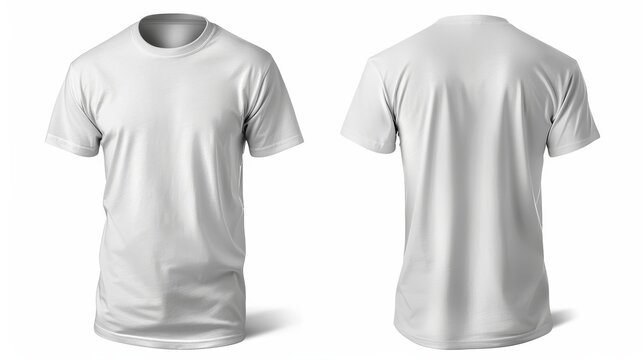 Men's white blank T-shirt template from two sides, natural shape on invisible mannequin, for your design mockup for print, isolated on white background. 