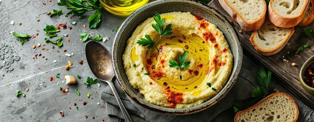 Homemade creamy hummus spread in bowl on gray aged table background