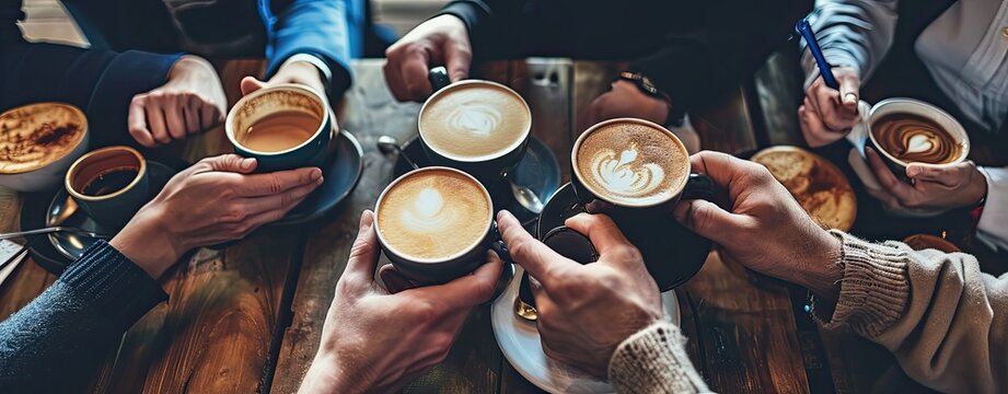 Friends drinking coffee together in cafe of restaurant