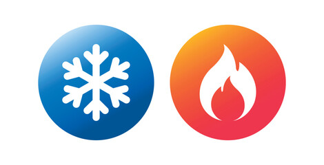 Hot and cold vector flat icon set isolated on white background. Snowflake and fire, flame gradient symbols on geometric circle buttons for web and app. 