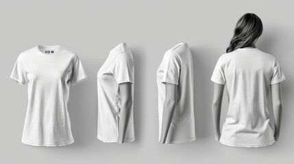 Wall Mural - T-shirt mockup. White blank t-shirt front and back views. Female and male clothes wearing clear attractive apparel tshirt models template. 