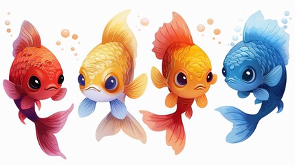 Wall Mural - Four vibrant fish with different colors and expressions, displaying artistic design and intricate details, creating a lively underwater scene.