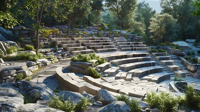 outdoor amphitheater set in a natural landscape, with stone seating and a stage designed to blend seamlessly with its surroundings, emphasizing eco-friendly architecture