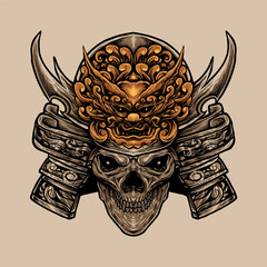 Wall Mural - skull with armored samurai helmet vector illustration