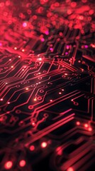 Wall Mural - Close-up of a glowing red electronic circuit board, dark background