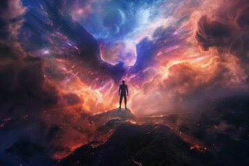Wall Mural - ai generated illustration of a person standing on a mountain peak against a dramatic cosmic sky