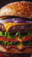 Wall Mural - Close-up of juicy cheeseburger with fresh vegetables and dripping cheese. Gourmet fast food, indulgent savory meal.