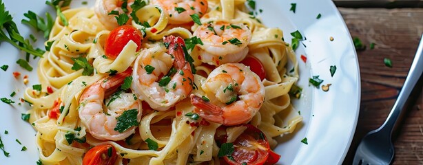 Wall Mural - Top view of fettuccine pasta with shrimp, tomatoes, and herbs
