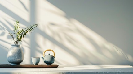 Sticker - Minimal Asian interior design with Japanese teapot wooden handle tea cup blue ceramic vase and copy space on white table under natural light